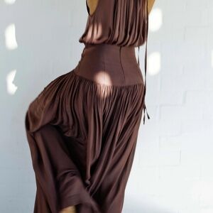 BONDI BORN  Ripple Gathered Washed-Satin Maxi Skirt | Brown | Size M